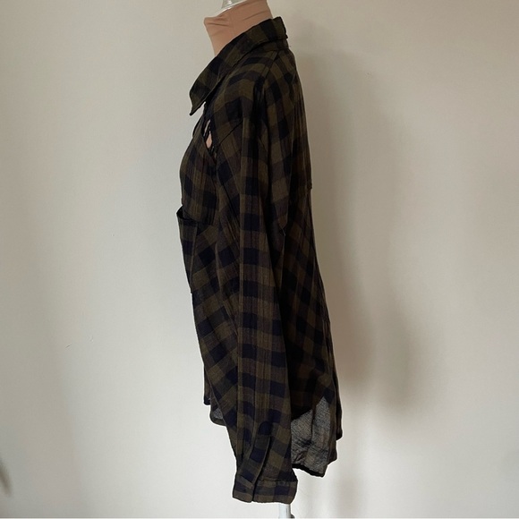 Free People Navy Combo Lace Up Plaid Button Down Long Sleeve Shirt EUC Size S - Picture 6 of 12